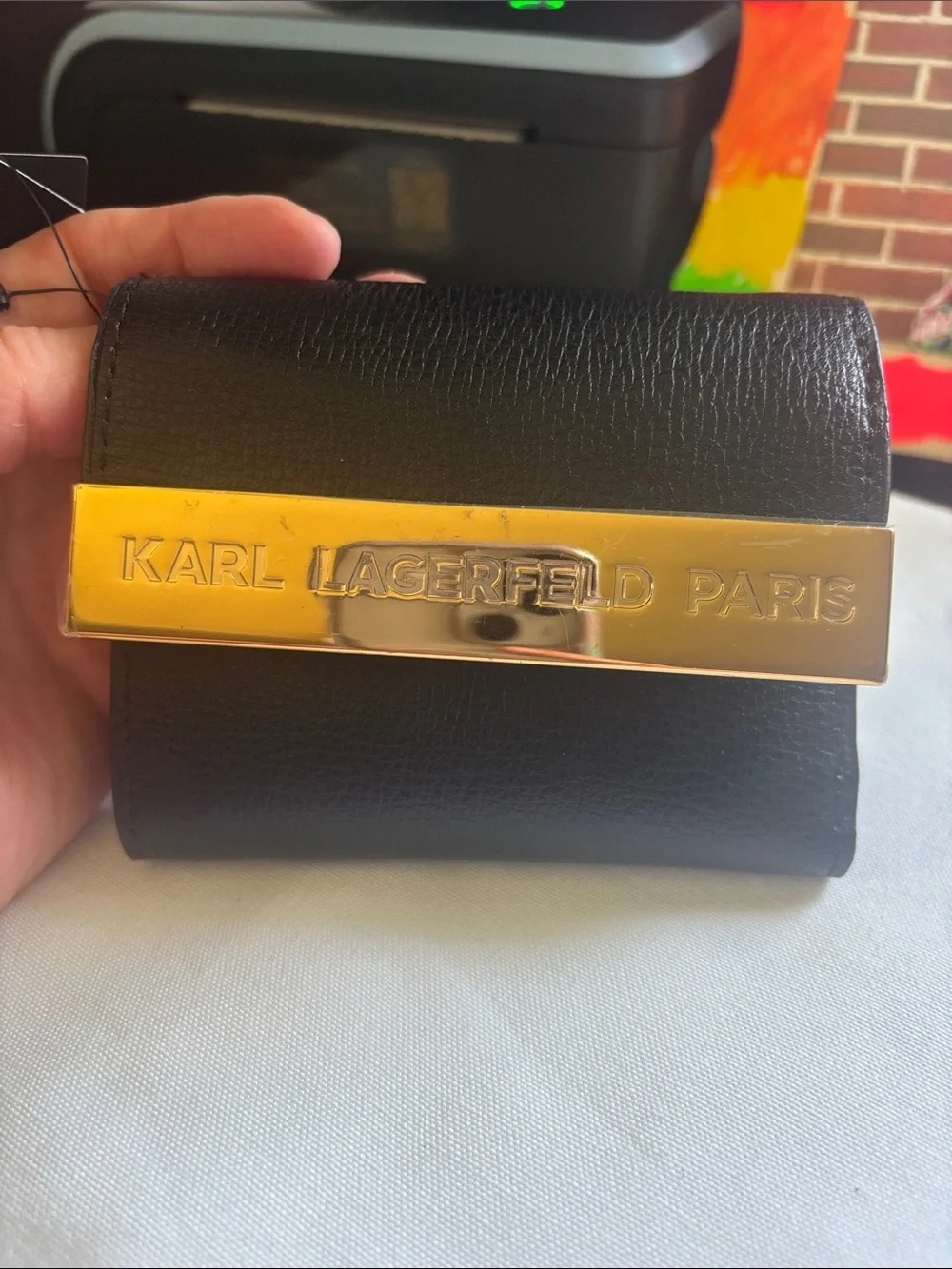Karl Lagerfeld Black Leather Mini Wallet with Gold Logo Plaque